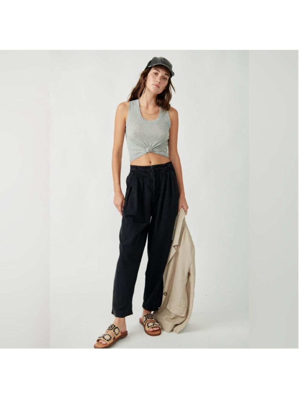 Free People Lotta Love Linen Trousers Black High Rise Wide Leg Pants sz 0